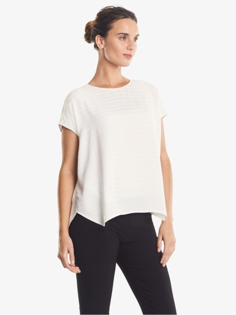 M.M. LaFleur Didion Floaty Drape Top Stripe White Cream